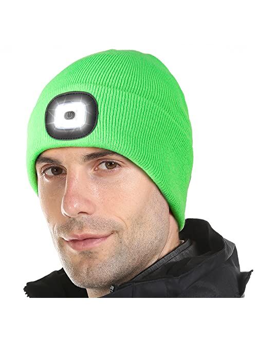 Tutuko LED Beanie with Light, Gifts for Men Women Dad Him, USB Rechargeable Lighted Cap 4 LED Headlamp Hat, Unisex Warm Winter Knitted LED Hat with Flashlight