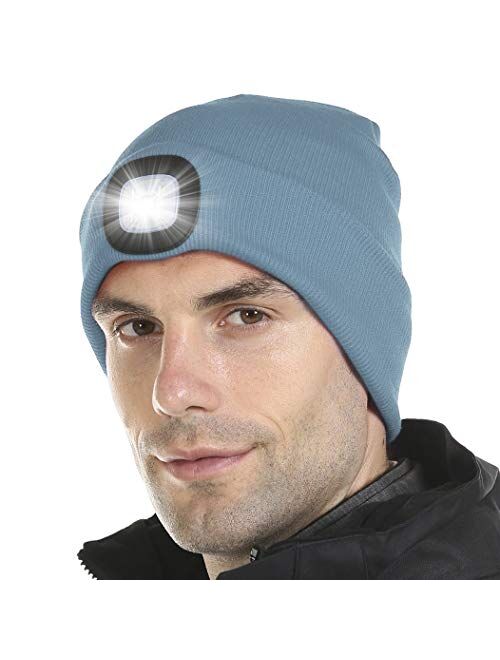 Tutuko LED Beanie with Light, Gifts for Men Women Dad Him, USB Rechargeable Lighted Cap 4 LED Headlamp Hat, Unisex Warm Winter Knitted LED Hat with Flashlight