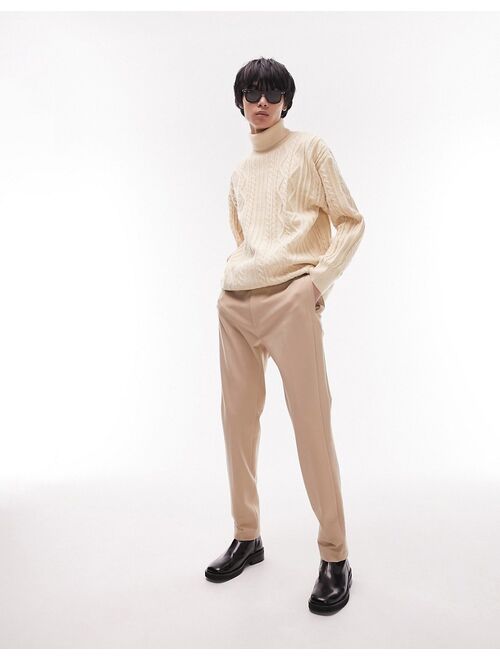 Topman knitted cable heavyweight sweater with roll neck in stone