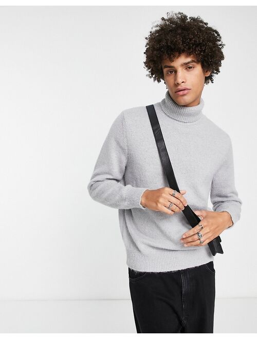 Topman brushed knit turtle neck sweater in light gray