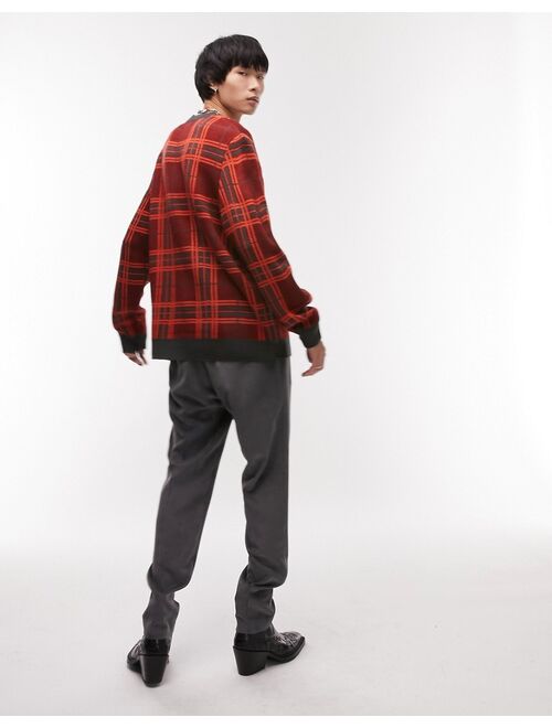 Topman regular knitted crew neck with shadow check in red