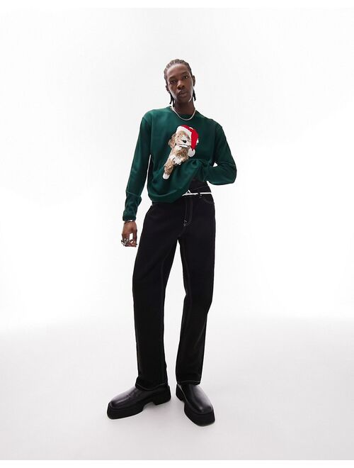 Topman knitted Christmas sweater with placement dog in light green