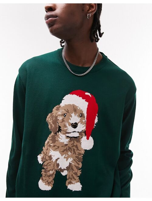 Topman knitted Christmas sweater with placement dog in light green