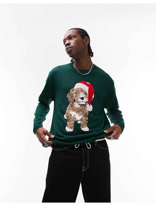 Topman knitted Christmas sweater with placement dog in light green