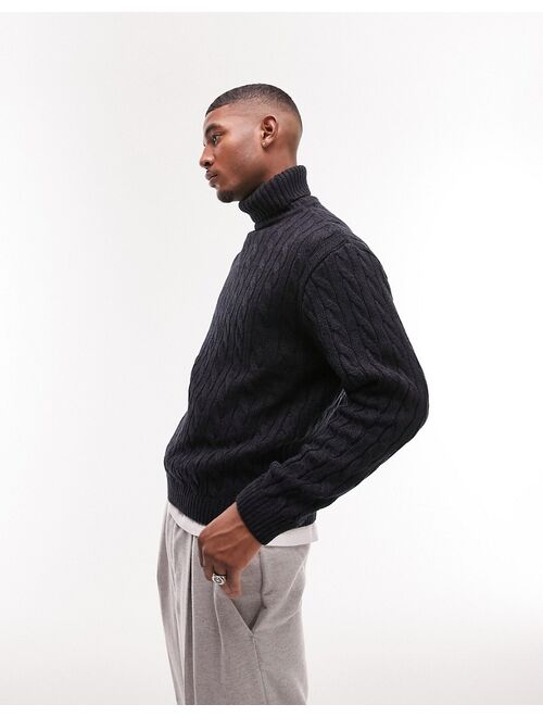 Topman knit roll neck sweater with twist in navy