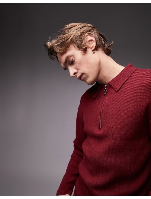 Topman knitted rib polo in burgundy