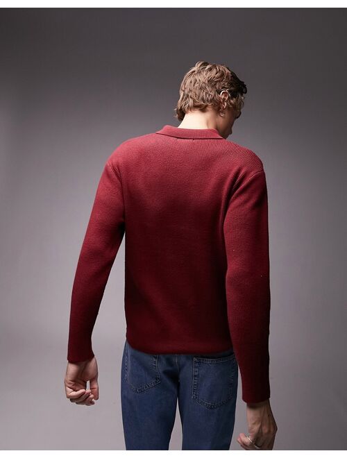 Topman knitted rib polo in burgundy