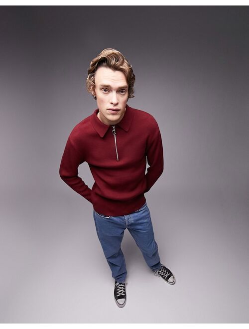 Topman knitted rib polo in burgundy