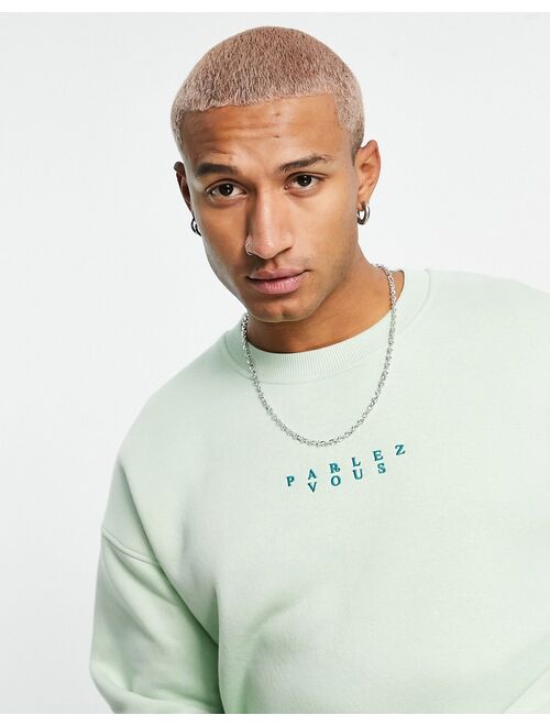 Topman oversized sweatshirt with parlez vous embroidery in sage