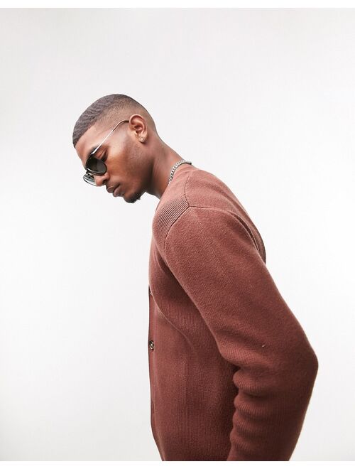 Topman knitted rib cardigan in brown