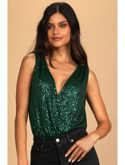 Evening of Wonder Emerald Green Sequin Cowl Back Bodysuit