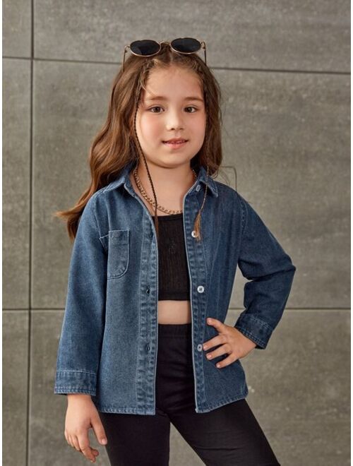 Shein Toddler Girls Pocket Patched Denim Shirt