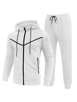 Men's Sweatsuits Suit 2 Piece Hooded Jogging Suits Plaid Full Zip Tracksuit with Pockets Casual Athletic