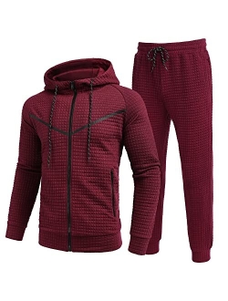 Men's Sweatsuits Suit 2 Piece Hooded Jogging Suits Plaid Full Zip Tracksuit with Pockets Casual Athletic