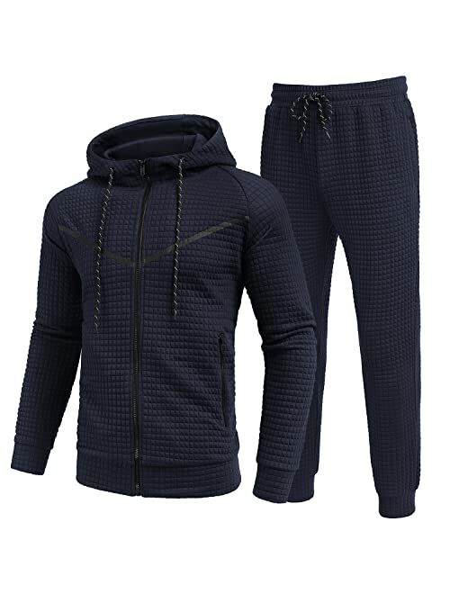 COOFANDY Men's Sweatsuits Suit 2 Piece Hooded Jogging Suits Plaid Full Zip Tracksuit with Pockets Casual Athletic