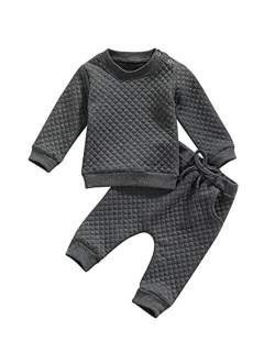 Ma&Baby Newborn Baby Boy Girl Clothes Gender Neutral Sweatsuit Unisex Solid Outfit Long Sleeve Warm Pullover Pant Set