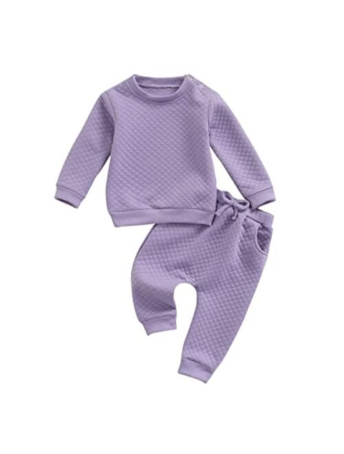 Ma&Baby Newborn Baby Boy Girl Clothes Gender Neutral Sweatsuit Unisex Solid Outfit Long Sleeve Warm Pullover Pant Set