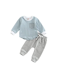 Ma&Baby Toddler Infant Baby Boy Clothes Long Sleeve Striped T-Shirt Pullover Tops Solid Pants 2Pcs Fall Winter Outfits