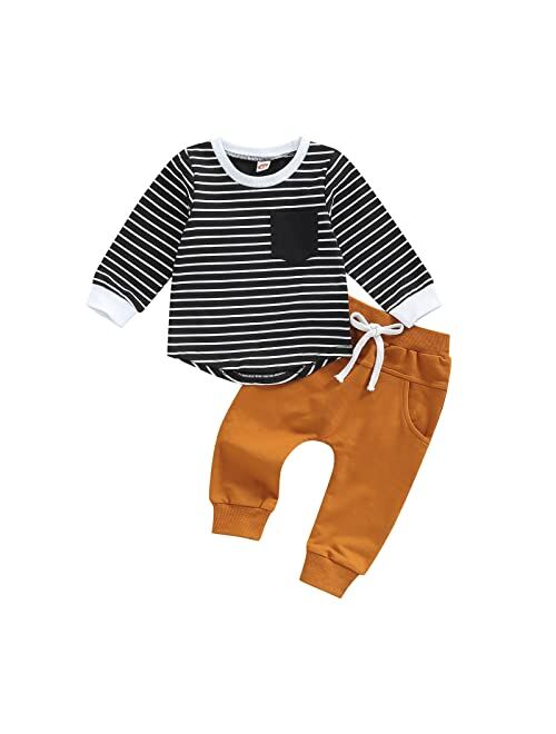 Ma&Baby Toddler Infant Baby Boy Clothes Long Sleeve Striped T-Shirt Pullover Tops Solid Pants 2Pcs Fall Winter Outfits