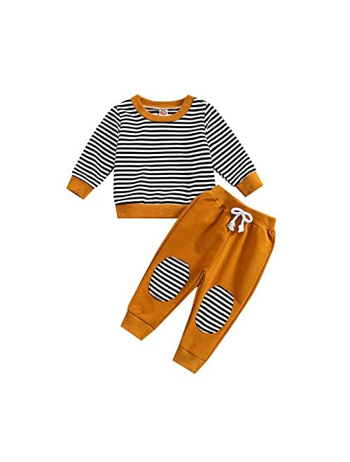 Ma&Baby Toddler Infant Baby Boy Clothes Long Sleeve Striped T-Shirt Pullover Tops Solid Pants 2Pcs Fall Winter Outfits