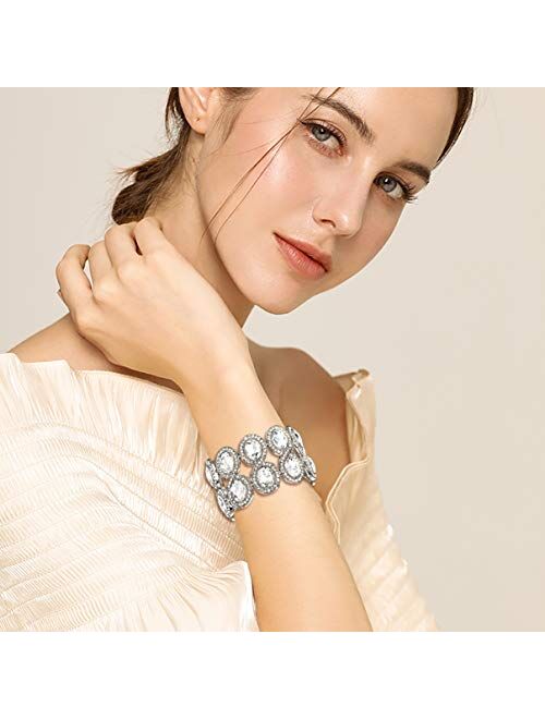 Flyonce Women's Rhinestone Crystal Art Deco Wedding Brides Elastic Stretch Bracelet Clear Silver-Tone