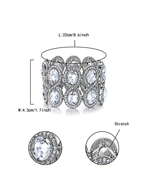 Flyonce Women's Rhinestone Crystal Art Deco Wedding Brides Elastic Stretch Bracelet Clear Silver-Tone