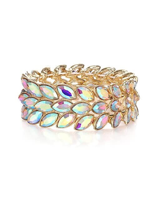 EVER FAITH Rhinestone Art Deco Wrist Jewelry for Prom 3 Marquise Crystal Leaf Elastic Stretch Bracelet