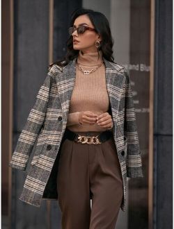 Plaid Pattern Lapel Neck Double Breasted Patched Pocket Overcoat