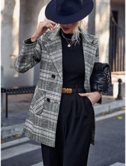 Plaid Pattern Lapel Neck Double Breasted Patched Pocket Overcoat