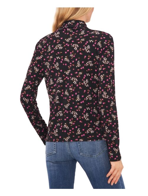 CECE Women's Long Sleeve Floral Mock Neck Top