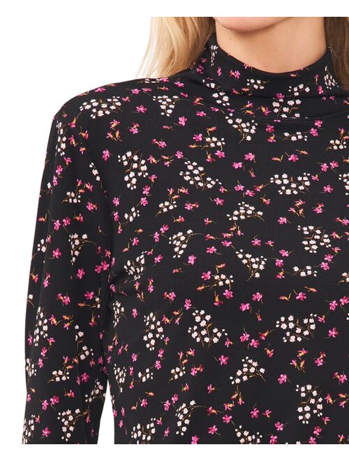 CECE Women's Long Sleeve Floral Mock Neck Top