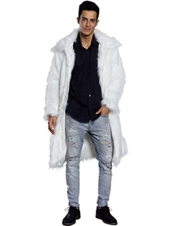 UMREN Mens Faux Fur Coat Long Black Jacket Warm Furry Overcoat Outwear