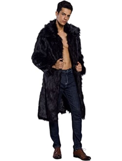 UMREN Mens Faux Fur Coat Long Black Jacket Warm Furry Overcoat Outwear