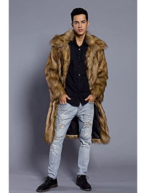 UMREN Mens Faux Fur Coat Long Black Jacket Warm Furry Overcoat Outwear