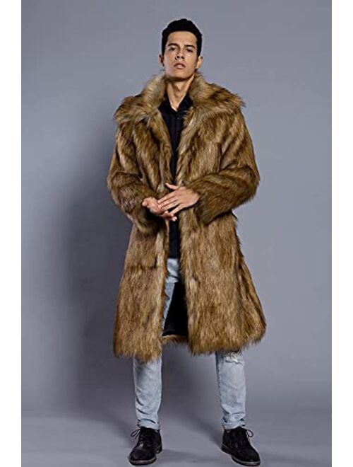 UMREN Mens Faux Fur Coat Long Black Jacket Warm Furry Overcoat Outwear