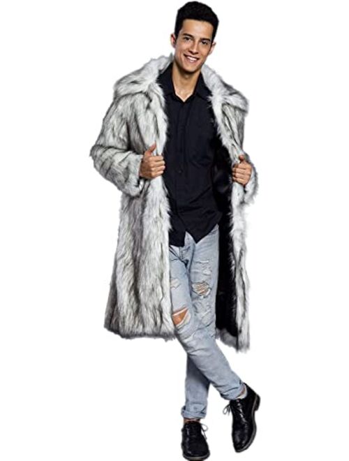 UMREN Mens Faux Fur Coat Long Black Jacket Warm Furry Overcoat Outwear