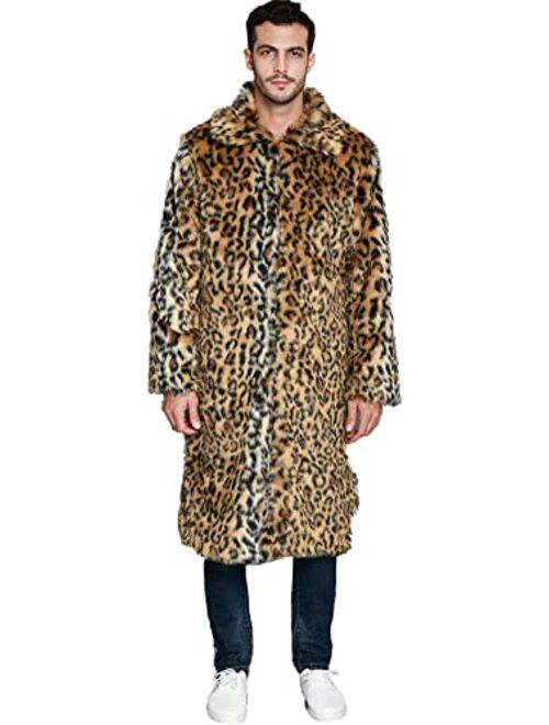 UMREN Mens Faux Fur Coat Long Black Jacket Warm Furry Overcoat Outwear