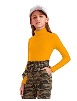 Girls Solid Turtle Neck Long Sleeve Rib Knit Shirt Tee Top