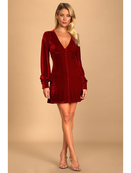 Lulus Make it Merry Wine Red Velvet Long Sleeve Button-Up Mini Dress