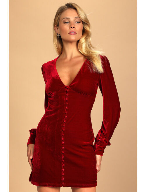 Lulus Make it Merry Wine Red Velvet Long Sleeve Button-Up Mini Dress