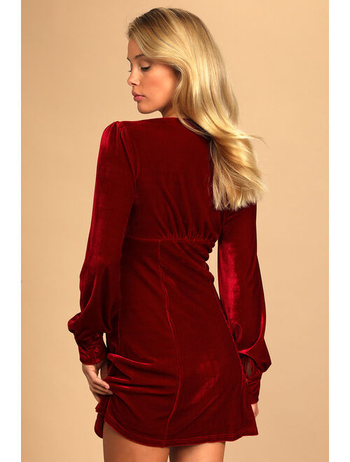 Lulus Make it Merry Wine Red Velvet Long Sleeve Button-Up Mini Dress