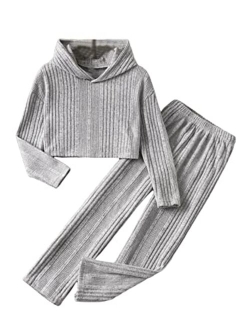 Girl's Two Piece Outfits Ribbed Knit Long Sleeve Hoodie and Long Pants Set