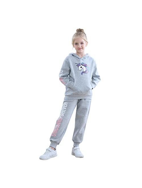 Jobakids Girls Long Sleeve Hooddie Sweatshirt and Jogger Pants Winter Outfits Unicorn 6-11 Years