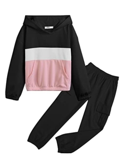 Hopeac Girls Sweatsuits 2PCS Outfits Color Block Clothing Set Casual Hoodies Sweatshirt Sweatpants Tracksuit With Pockets