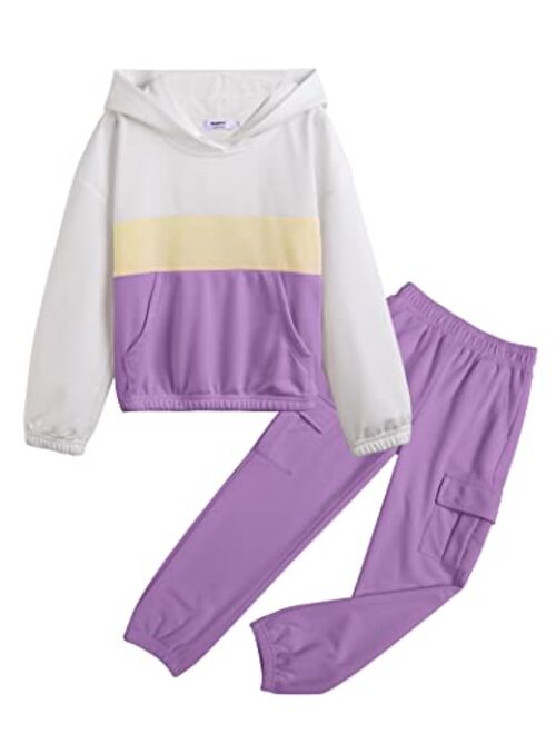 Hopeac Girls Sweatsuits 2PCS Outfits Color Block Clothing Set Casual Hoodies Sweatshirt Sweatpants Tracksuit With Pockets