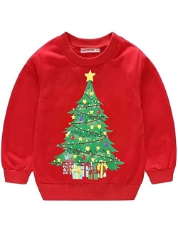 Popshion Toddler Boys Christmas Sweatshirts Long Sleeve Pullover Shirts Reindeer Sweaters Xmas Cartoon Tee Sport Tops 1-7T