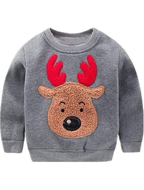 Popshion Toddler Boys Christmas Sweatshirts Long Sleeve Pullover Shirts Reindeer Sweaters Xmas Cartoon Tee Sport Tops 1-7T