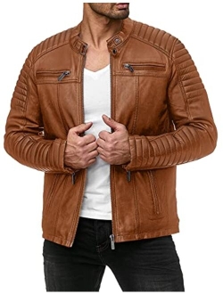 Men's Slim Fit Leather Jackets Stand Collar Lightweight Bomber Jacket Zip Up PU Motorcycle Biker Coat