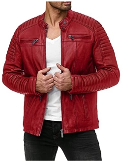 Men's Slim Fit Leather Jackets Stand Collar Lightweight Bomber Jacket Zip Up PU Motorcycle Biker Coat