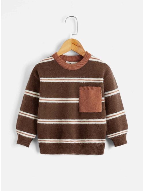 Shein Toddler Boys Striped Pattern Pocket Patched Sweater